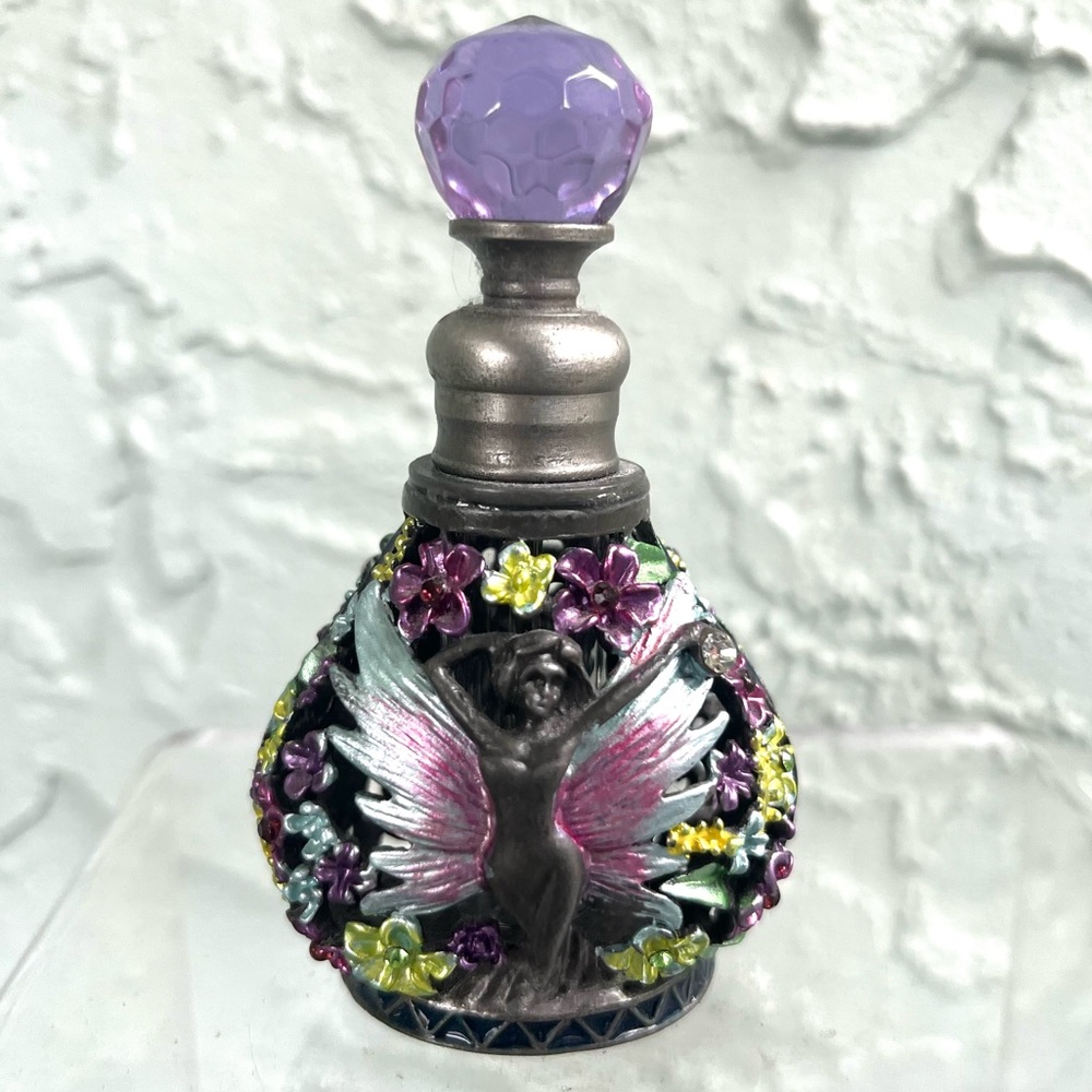WALTZ & F Vintage Metal/Glass Enameled Angel/Floral Perfume Bottle (H: 3-3/4”)